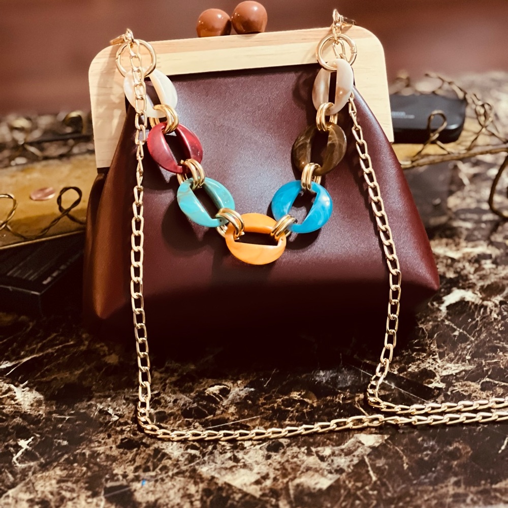 Multicolor Chain Accent Brown Bag